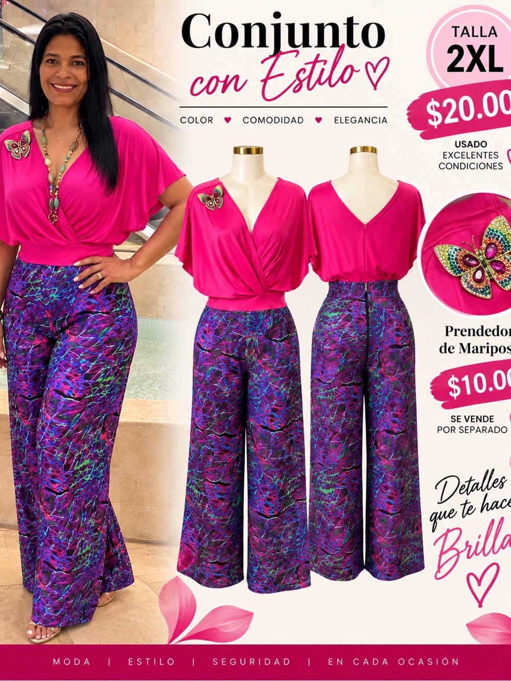 Franciscan Bright Fuchsia Top with Multicolor Printed Wide-Leg Pants